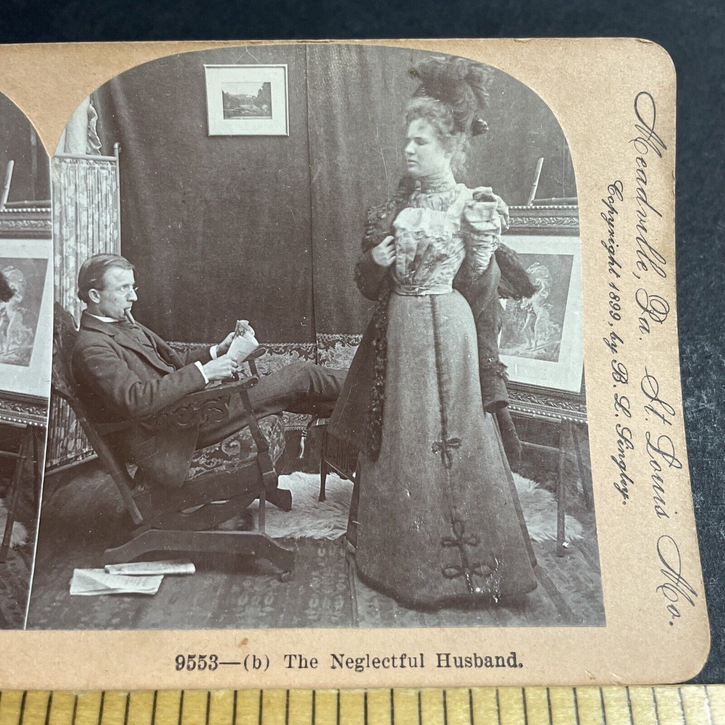 Antique 1899 Husband Too Lazy To Help Wife With Coat Stereoview Photo Card P4653