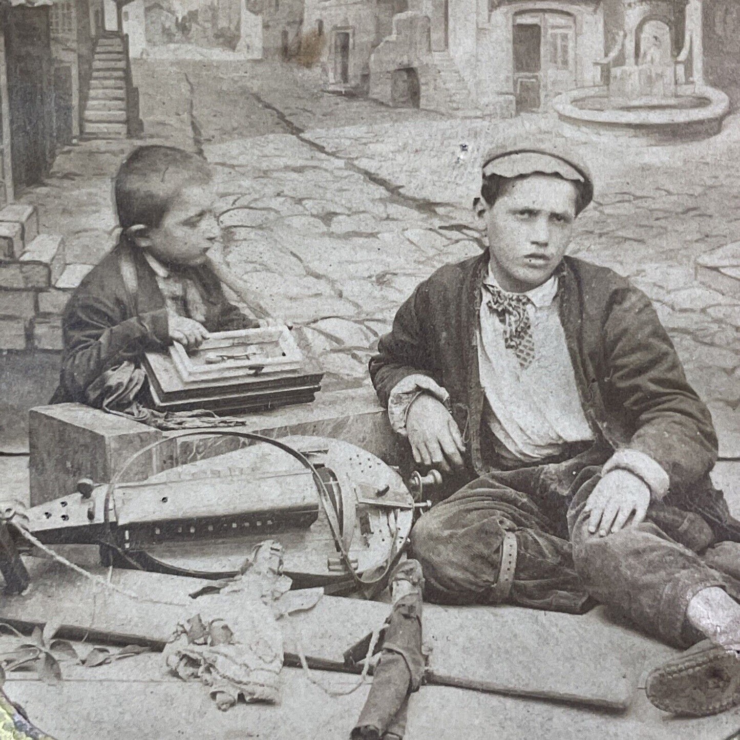 Boys Break A Hand Crank Guitar Stereoview French Tissue Antique c1860s XT2101