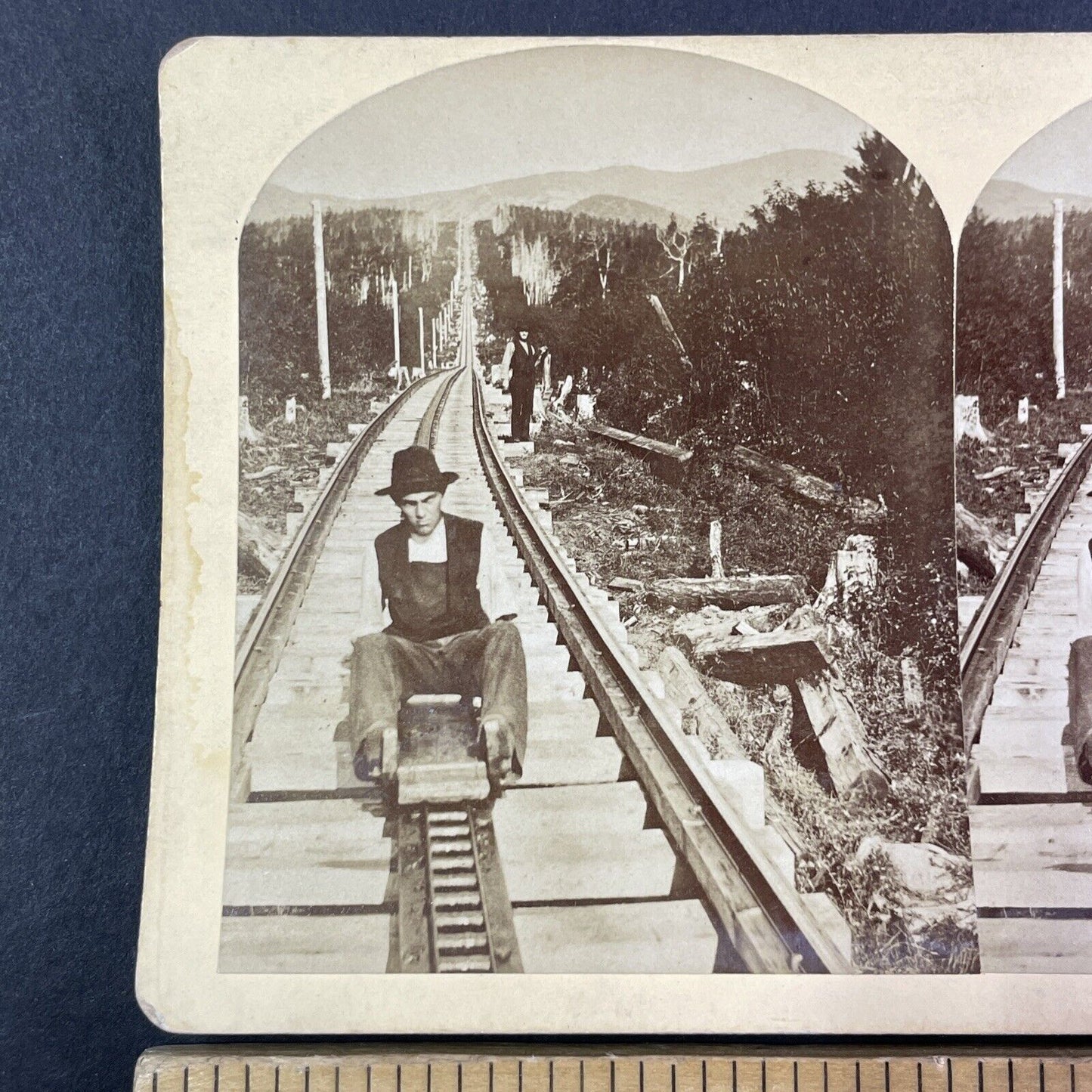 Railroad Worker Missing One Arm Stereoview Mt Washington Railway c1870s Y1851