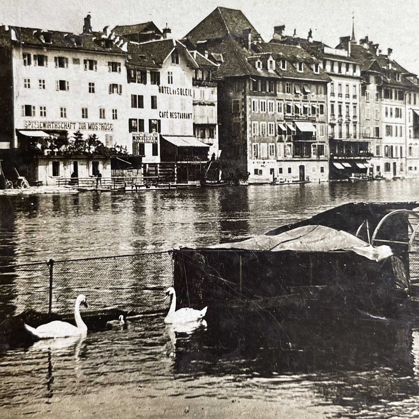 Antique 1899 Houses In Lake Lucerne Switzerland Stereoview Photo Card P1320