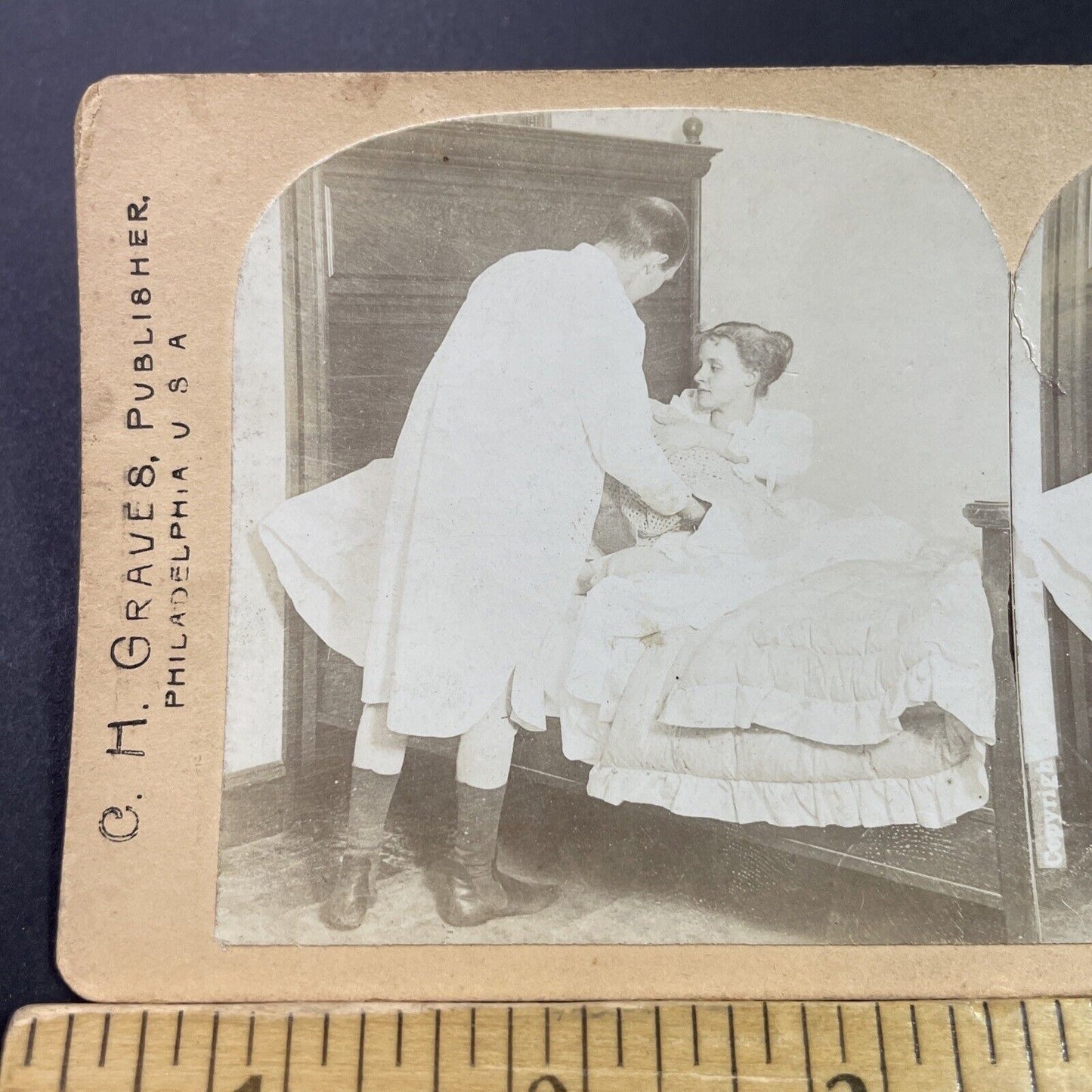 Antique 1880s Baby Wakes Parents In Middle Of Night Stereoview Photo Card P3469