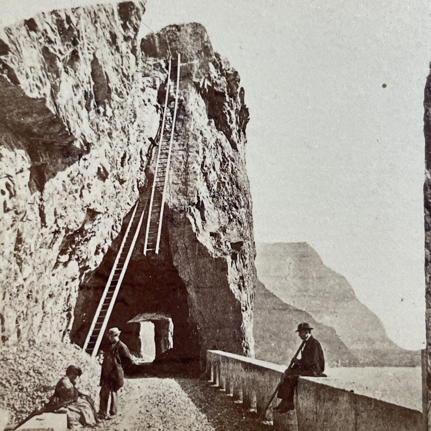 Antique 1870s Men Construct A Ladder Up A Mountain Stereoview Photo Card P4032