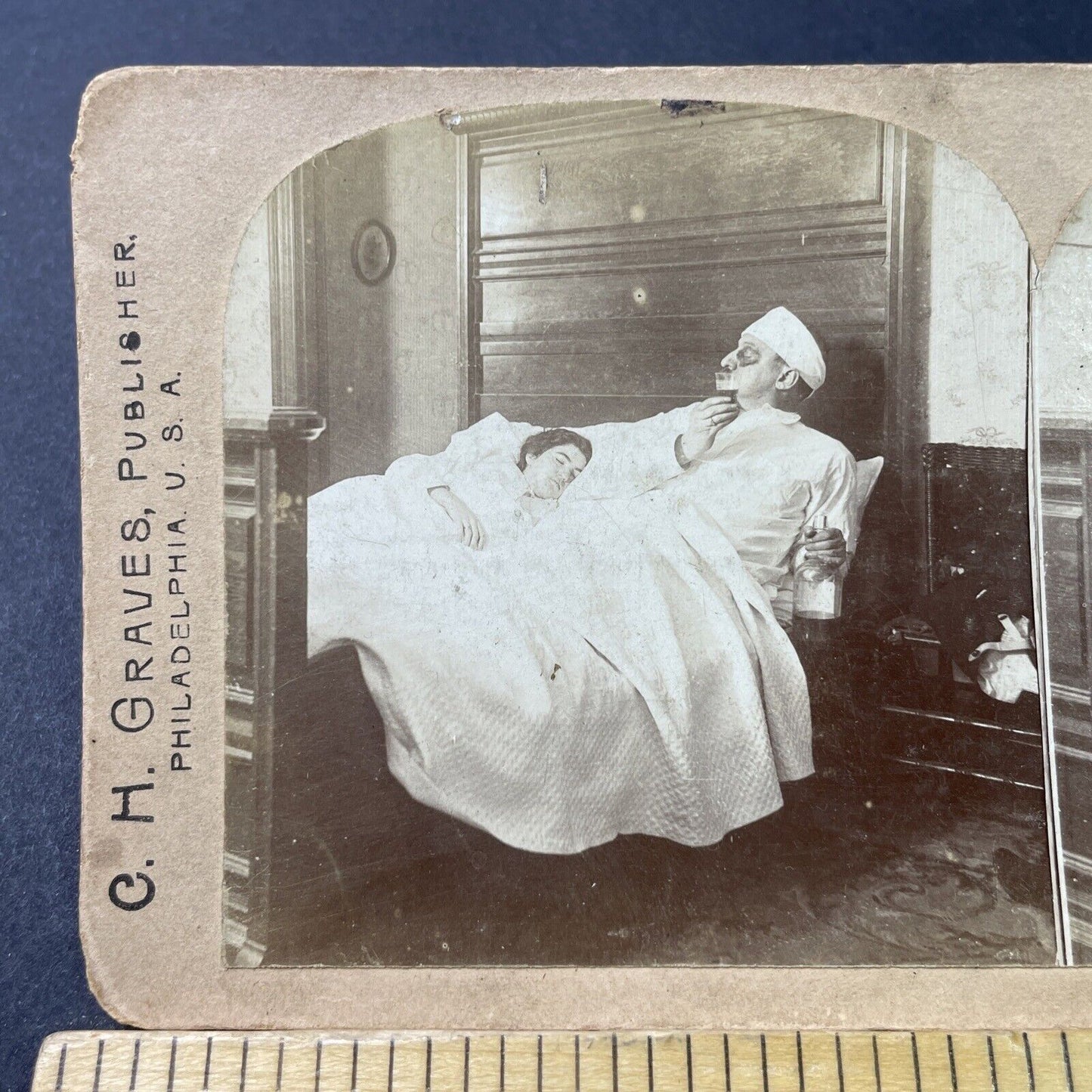 Antique 1897 Beaten Up Man Returns Home Drunk Stereoview Photo Card P2986