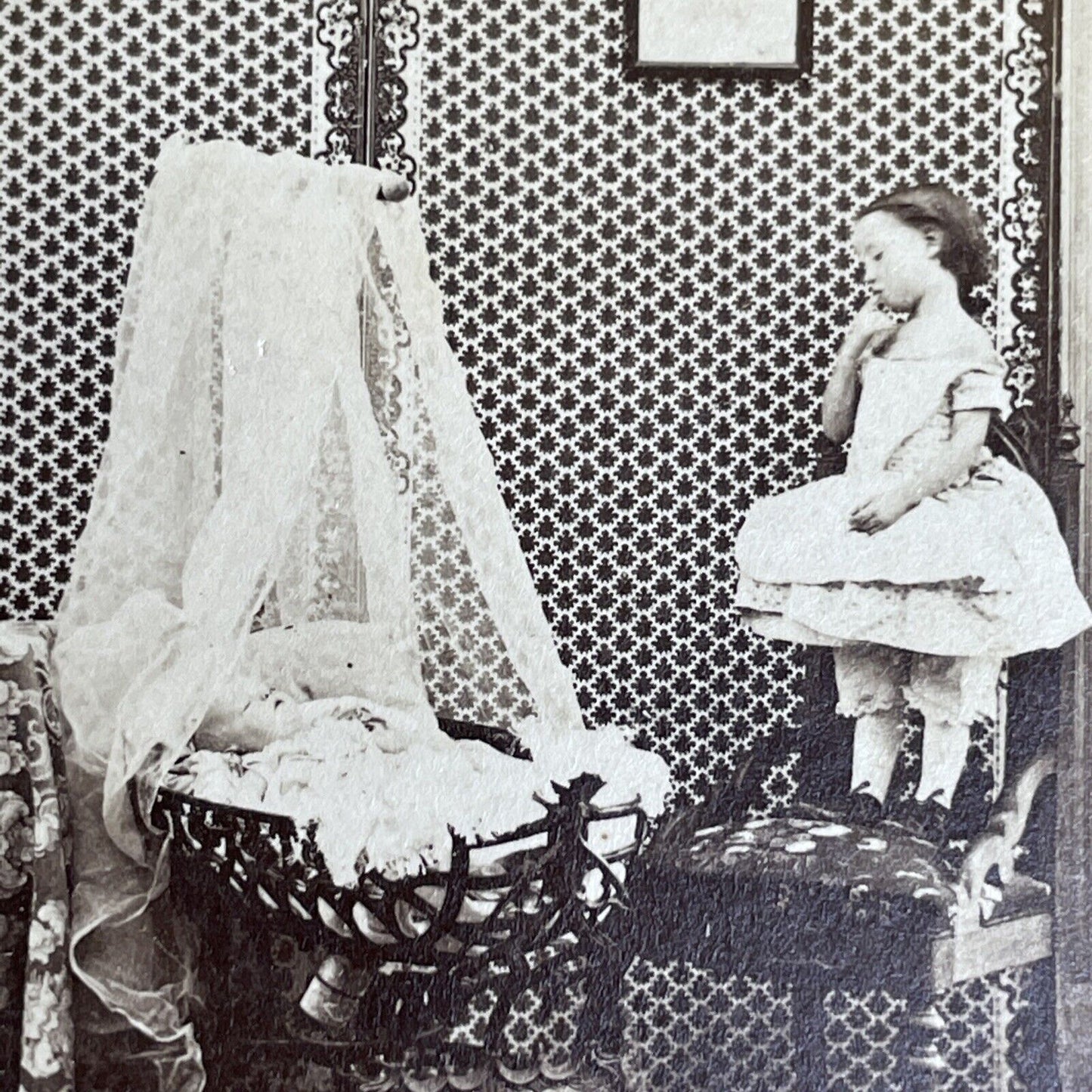 Antique 1865 Child And Baby In Front Room Stereoview Photo Card PC824