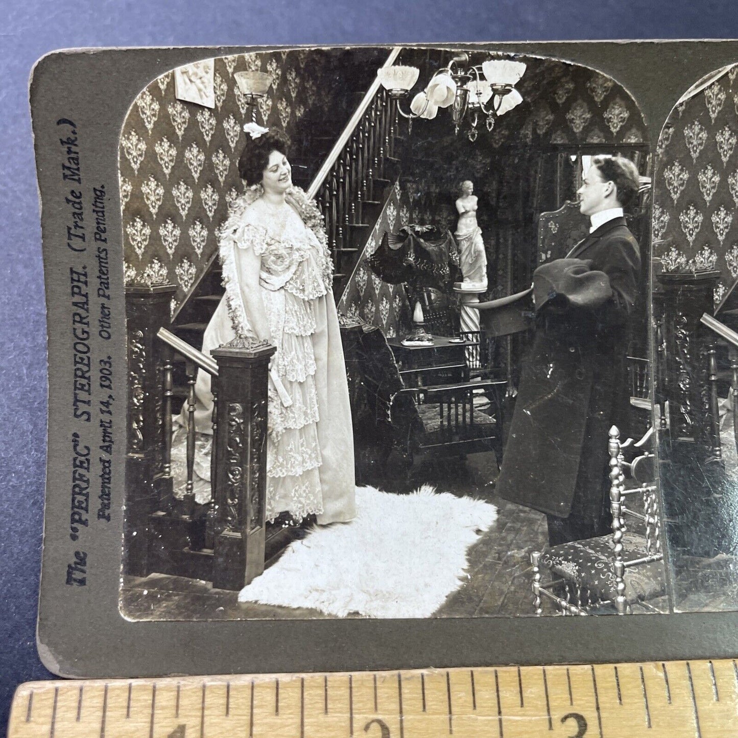 Antique 1902 Man Picks Up Woman For The Ball Stereoview Photo Card P2886