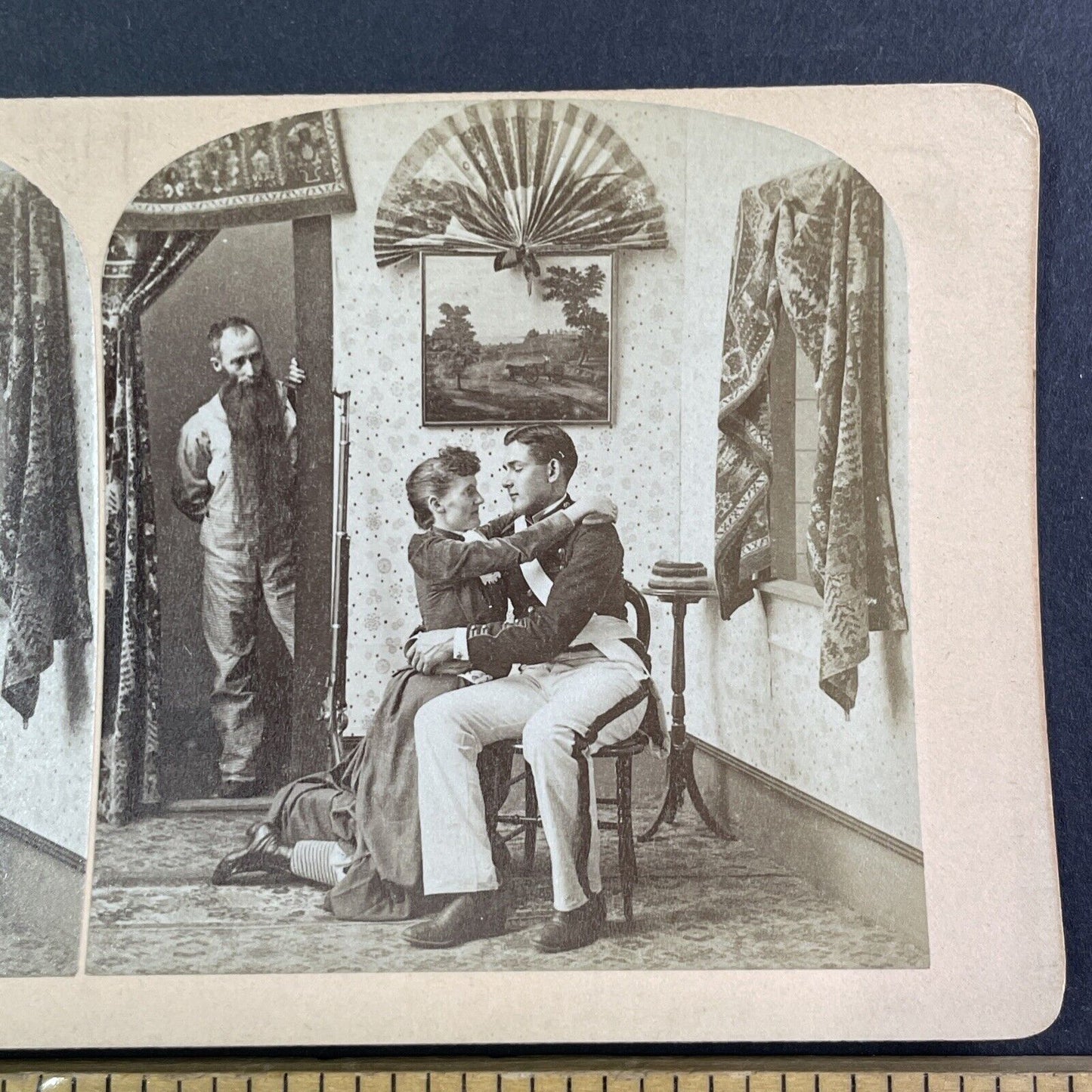 Woman Says Goodbye to US Soldier Stereoview Very Long Beard Man c1870s Y1316