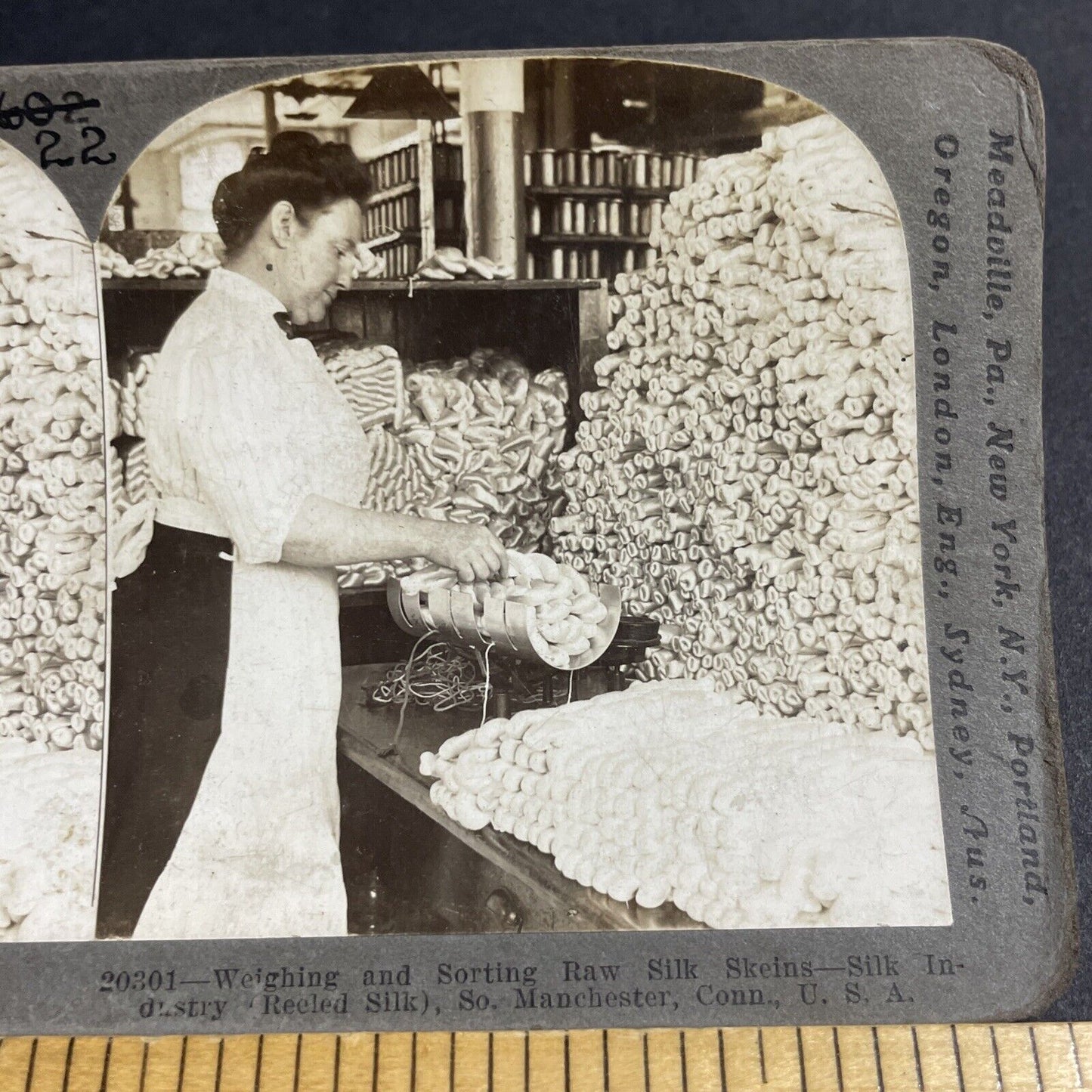 Antique 1914 Woman Weighing Raw Silk Manchester CT Stereoview Photo Card P4846