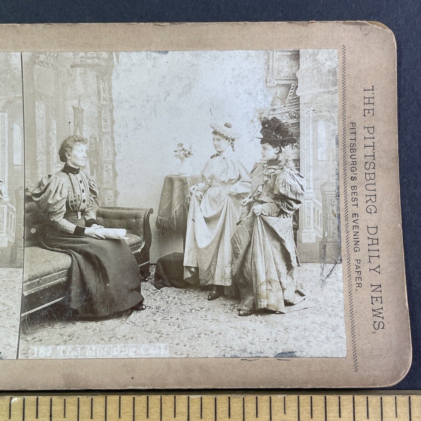 Girls in Formal Victorian Dresses Stereoview Pittsburgh Daily News c1890 Y2259