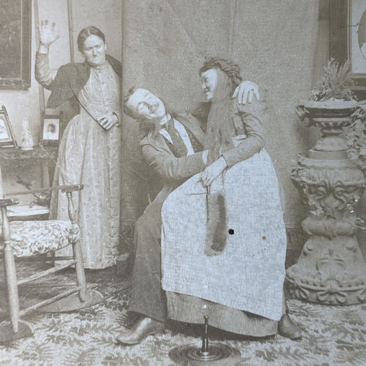 Antique 1892 Man Flirts With Maid While Wife Watches Stereoview Photo Card P3400