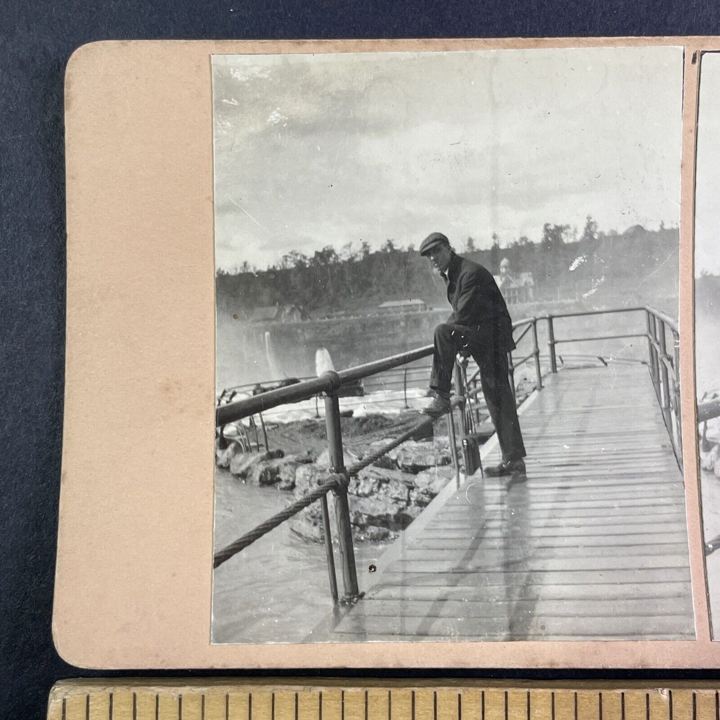 Man Standing at the Top of Niagara Falls Stereoview OOAK Antique c1908 Y2720