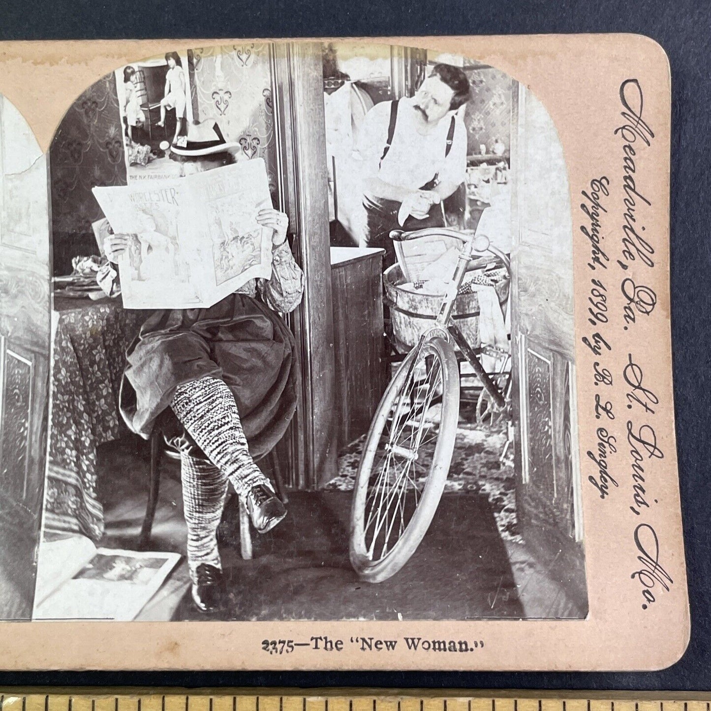 Suffragette Feminist Gets Man To Wash Dishes Stereoview Antique c1899 X4123