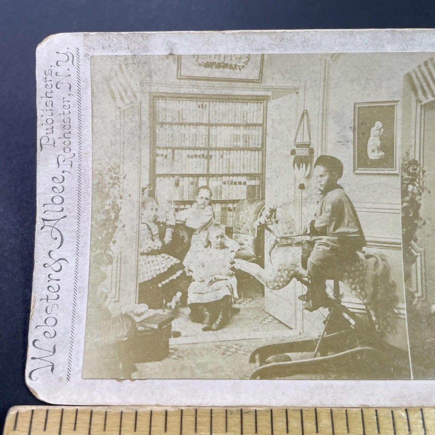 Antique 1870s Children Play On Rocking Horse Stereoview Photo Card P3434