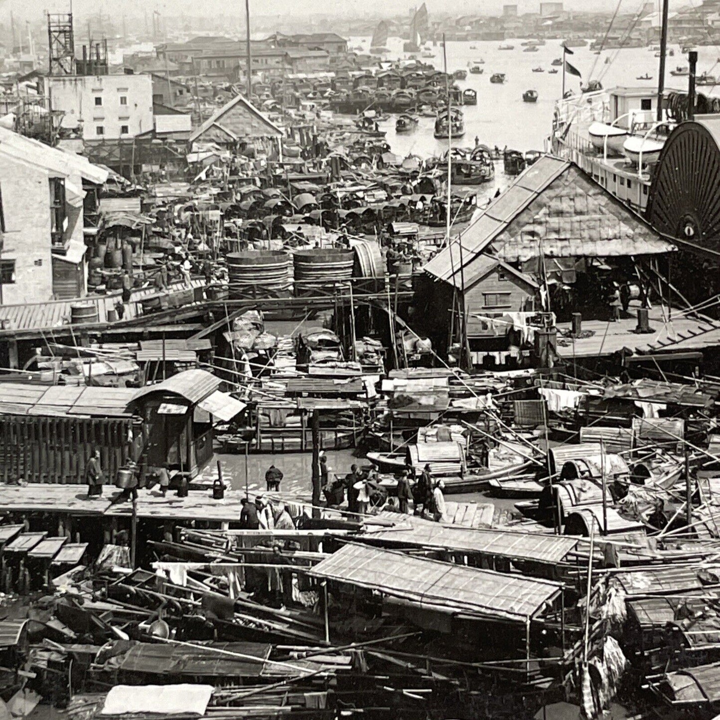 Houseboats in Guangzhou China Stereoview The Pearl River Antique c1909 X2563