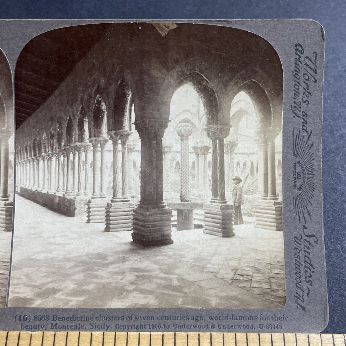 Antique 1906 Benedictine Cloisters Monreale Sicily Stereoview Photo Card P5192