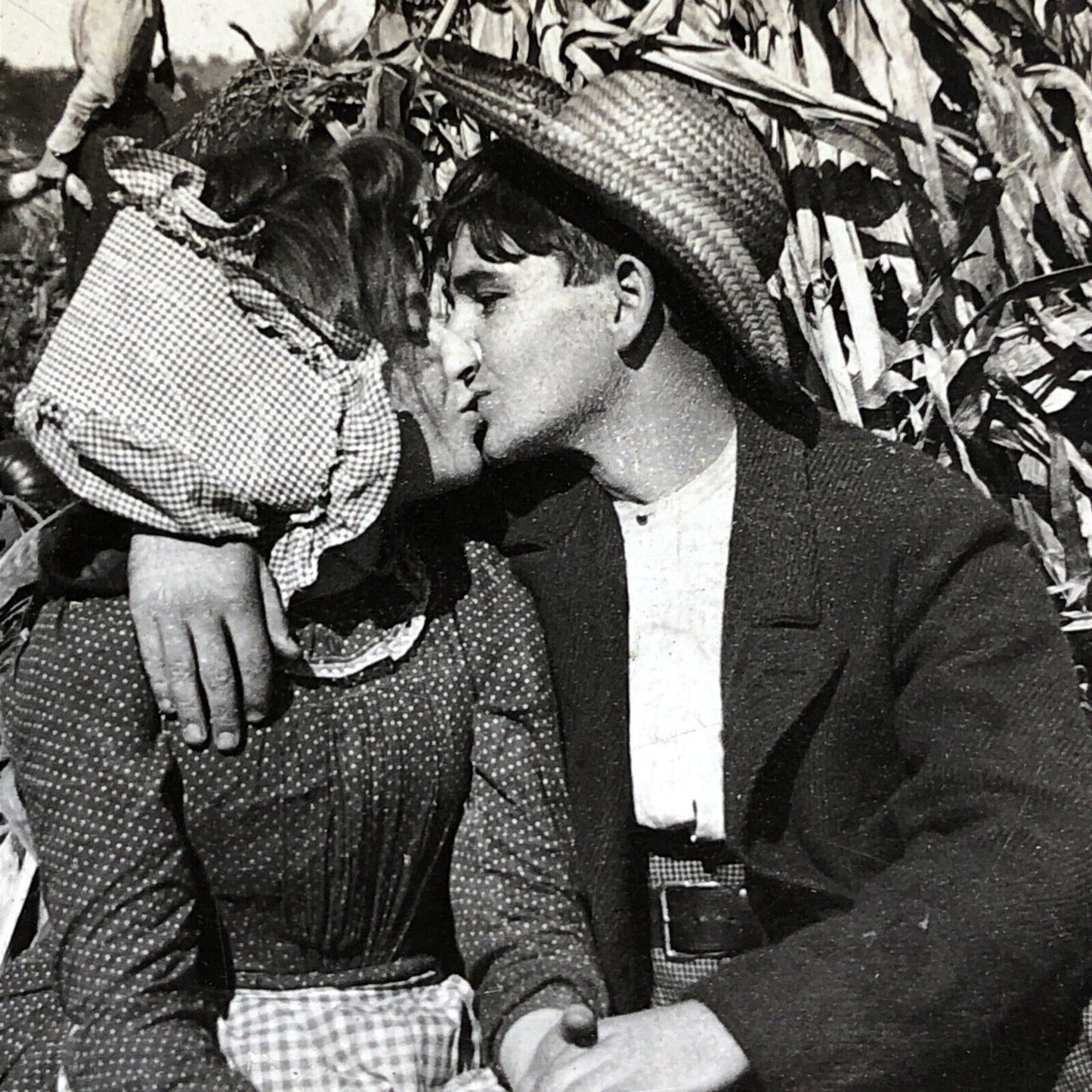 Antique 1900 Teenage Love In Pumpkin Field Kiss Stereoview Photo Card P1990